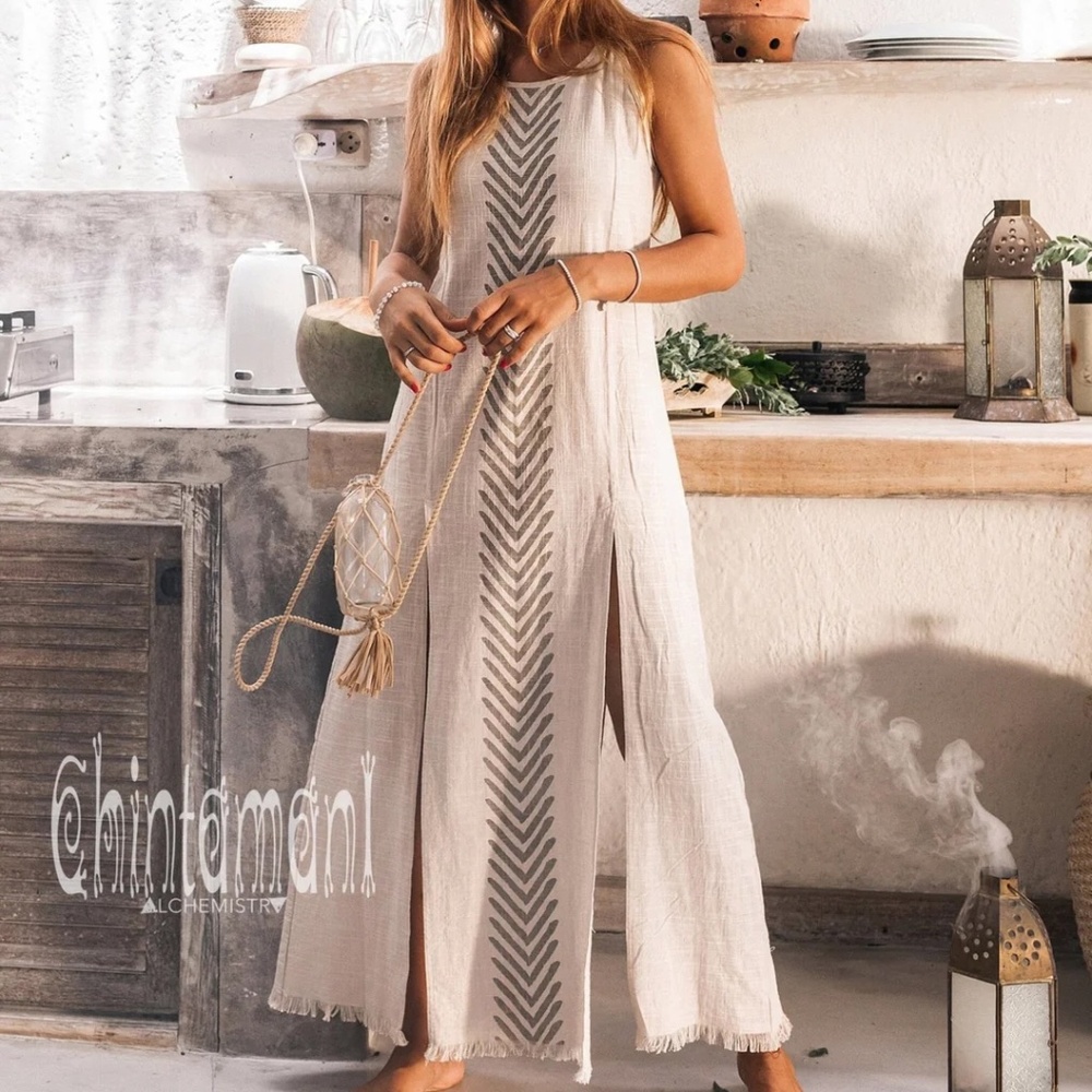 Chintamani Alchemy Organic Cotton Long Dress with Side Slit / Grey Small